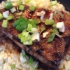 Tuna Steaks with Garlic and Ginger Sauce on Sesame Cauliflower with Scallions
