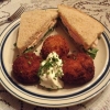 Turkey & Arugula Sandwich on Homemade Wheat Bread and Potato Croquettes with Chive Sour Cream